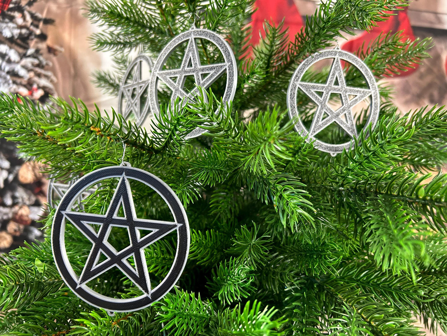 Pentagramm 4er Set - silber / schwarz – die andere Art Weihnachtsdeko, perfekt für Baum & Zuhause | Christbaumschmuck | Christbaumbehang