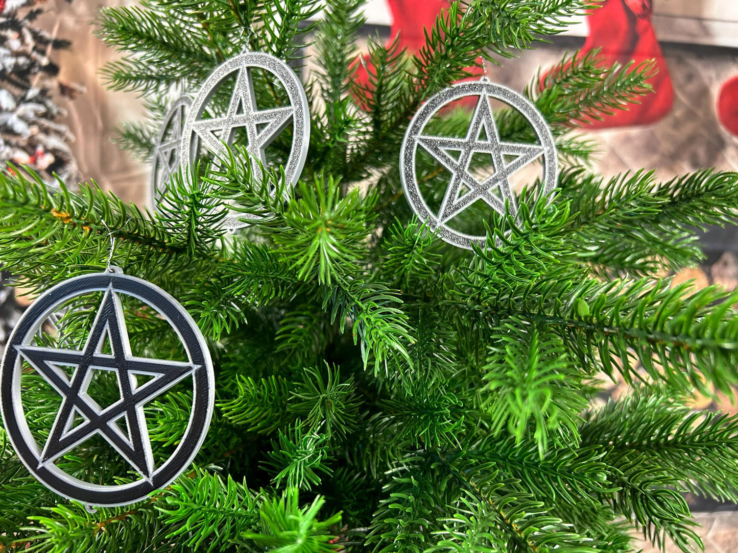 Pentagramm 4er Set - silber / schwarz – die andere Art Weihnachtsdeko, perfekt für Baum & Zuhause | Christbaumschmuck | Christbaumbehang