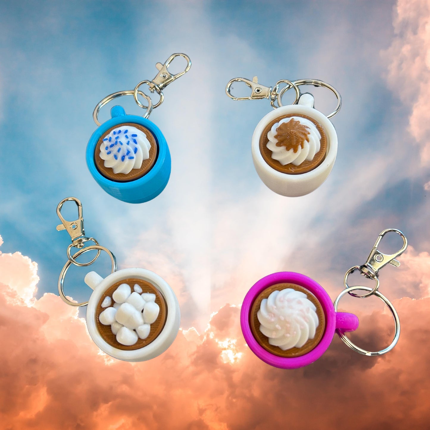 Fidget Clicker Set Kaffeetassendesign – 4er Set mit Schlüsselring und Karabiner – Leise & Laute Varianten