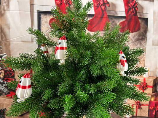 Schneemann-4er Set mit Schal, Mütze und herabbaumelnden Füßchen - Festliche Weihnachtsdeko, Christbaumdeko, Christbaumschmuck