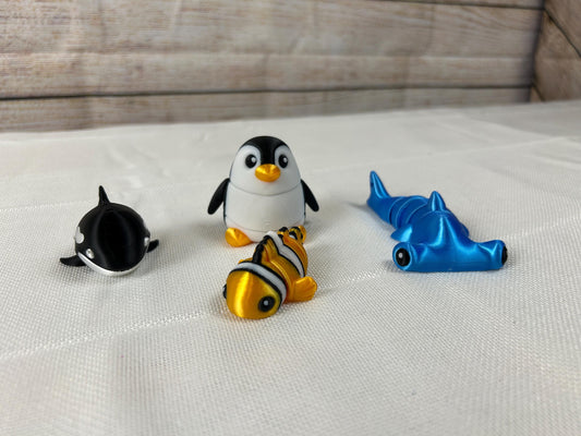 Meerestier-Set - Orca, Pinguin, Clownfisch und Hammerhai aus PLA, maritime Deko, bewegliche Figuren für Ozean-Fans, Geschenk Meeresliebhaber